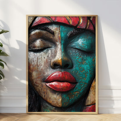 A framed wall art print leaning against a white wall on a wood floor, showing a close-up portrait of a woman's face with textured paint in teal, brown, red, and black tones.