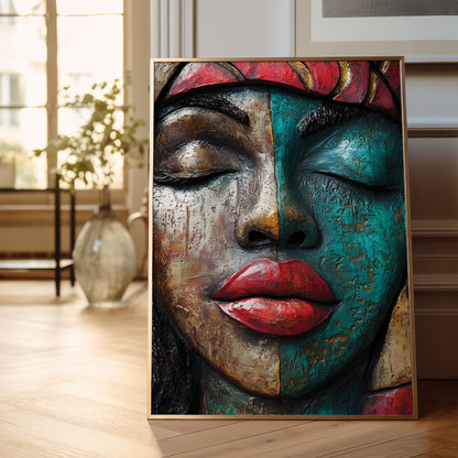 A framed vertical canvas art print leaning against a wall on a light wood floor in a bright room. The artwork depicts a close-up portrait of a woman's face split vertically, with one half in earthy brown tones and the other in teal-blue tones, with red lips and a red head covering.