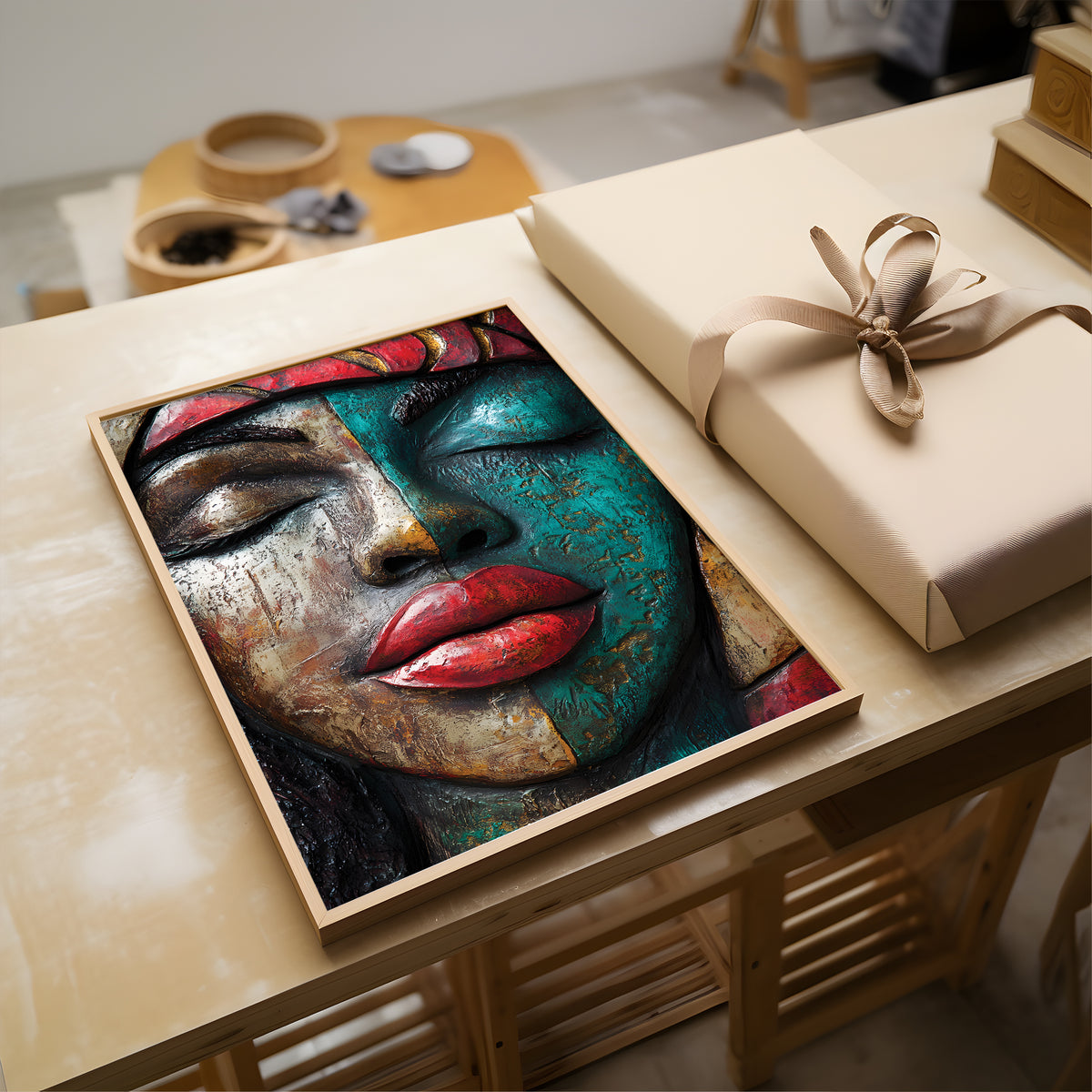 A framed art print featuring a close-up portrait of a woman's face with teal, brown, and red tones, displayed on a light wood table next to a beige gift box with a ribbon.