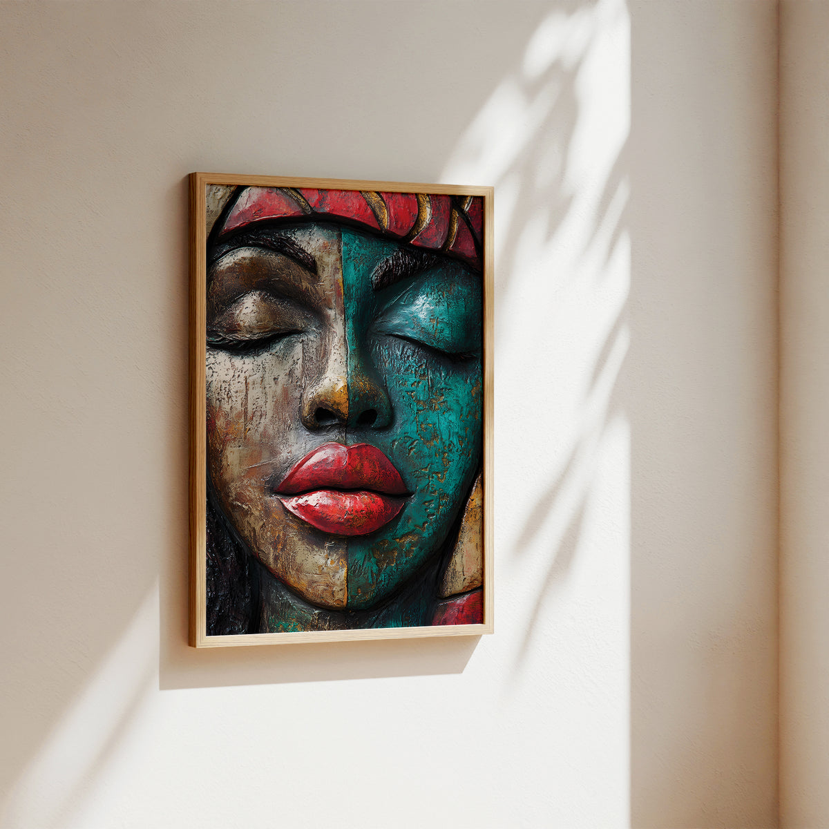 A framed wall art print featuring a stylized close-up portrait of a woman's face with closed eyes, painted in teal, brown, red, and gold tones, hanging on a beige wall with soft sunlight and leaf shadows.