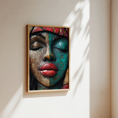 A framed wall art print featuring a stylized close-up portrait of a woman's face with closed eyes, painted in teal, brown, red, and gold tones, hanging on a beige wall with soft sunlight and leaf shadows.