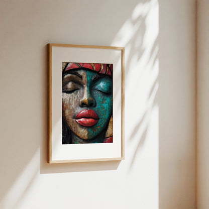 A framed art print featuring a close-up portrait of a woman's face with closed eyes, painted in earthy brown tones with vibrant teal and red accents, hanging on a beige wall with soft sunlight and leaf shadows.