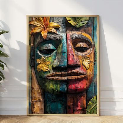A framed vertical art print featuring a colorful carved tiki-style face with tropical flowers and leaves, leaning against a white wall on a light wood floor.