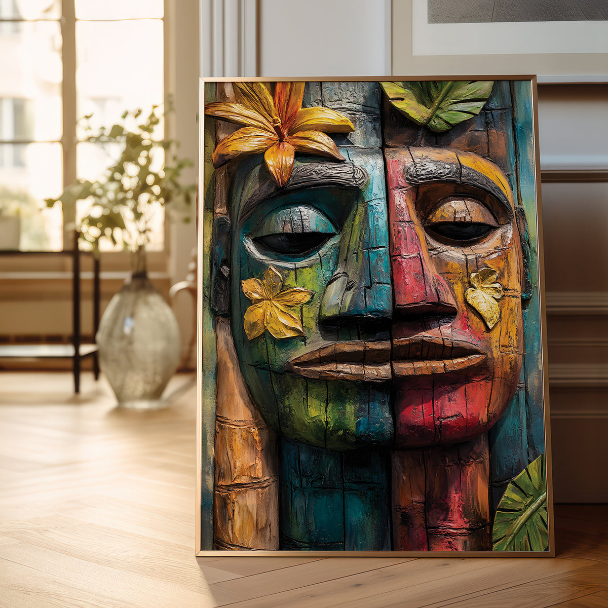 A framed vertical art print depicting a colorful carved wooden face with tropical leaves and flowers, leaning against a wall on a light wood floor in a bright, modern room.