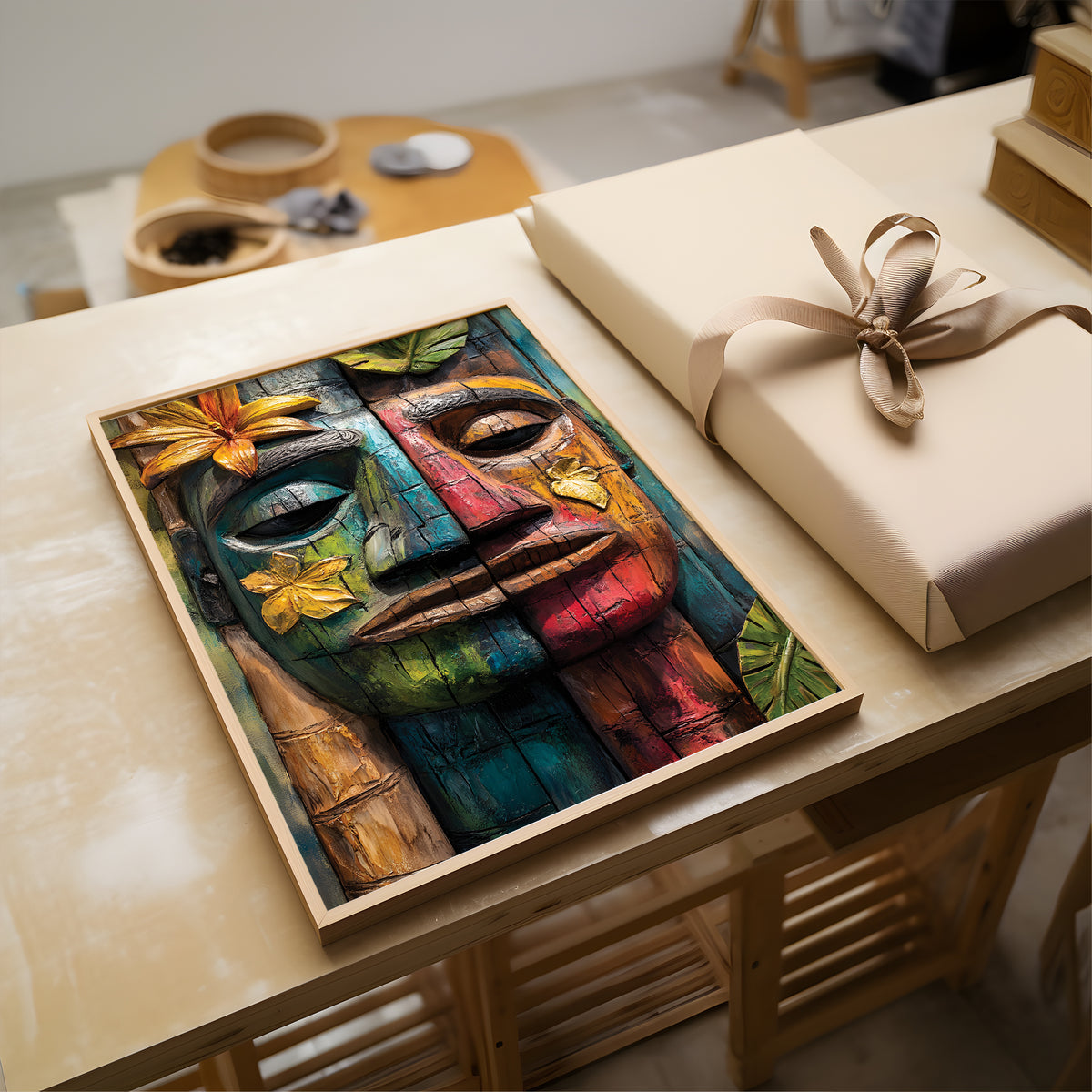 A framed colorful wooden mask artwork displayed on a light wood table next to a wrapped gift box with a beige ribbon. The artwork features a stylized tiki-style face with painted blue, green, red, yellow, and brown tones, with bamboo and flower details.