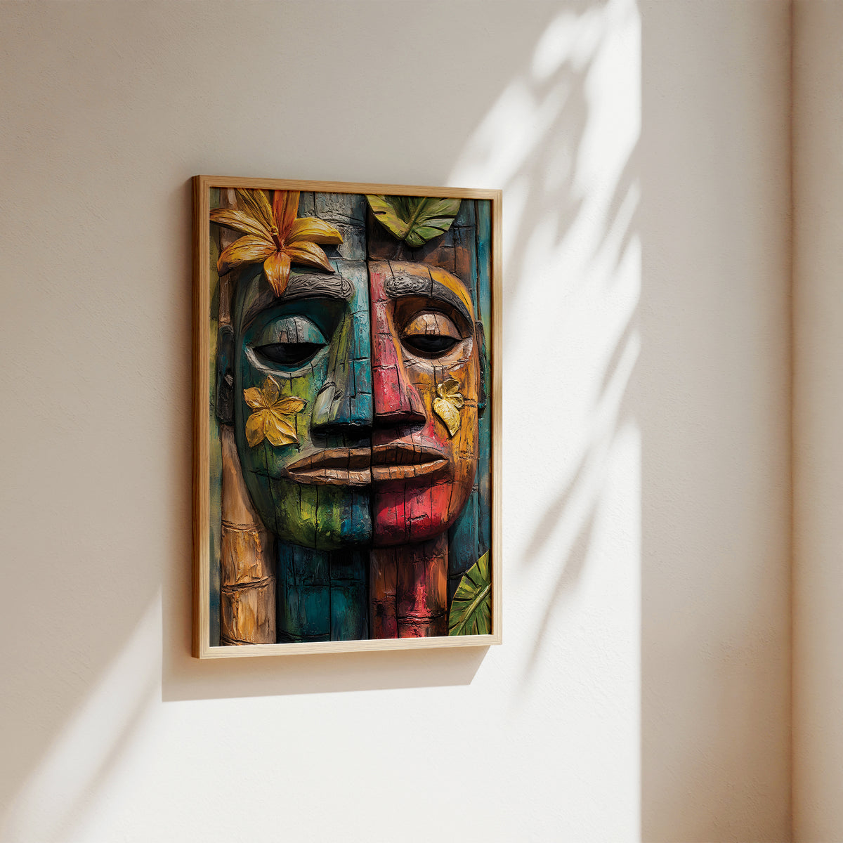 A framed colorful wooden tiki mask wall art piece hanging on a warm beige wall, with soft leaf shadows cast across it.
