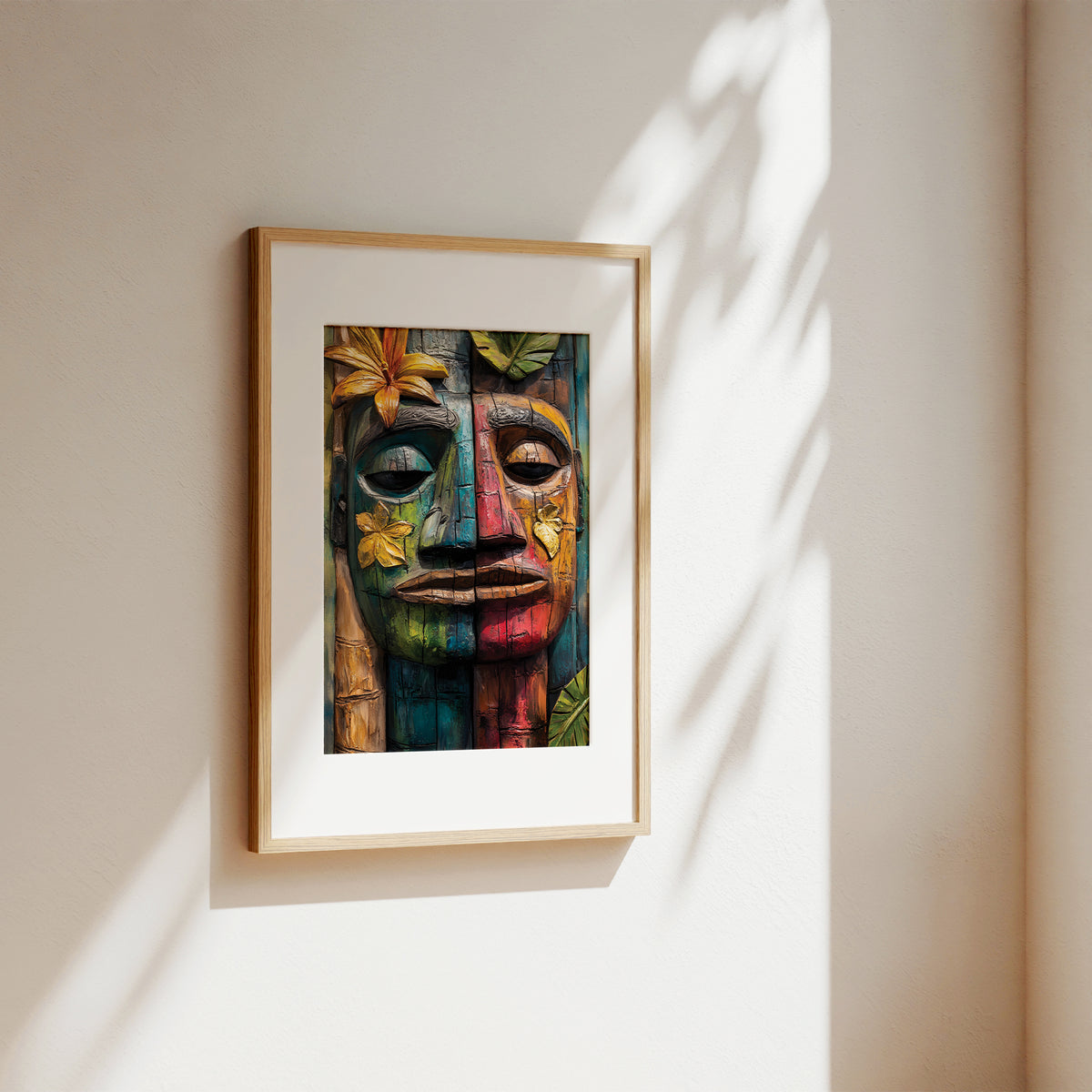 A framed art print featuring a colorful, textured wooden mask with tropical leaves, displayed on a warm beige wall with soft leaf shadows.