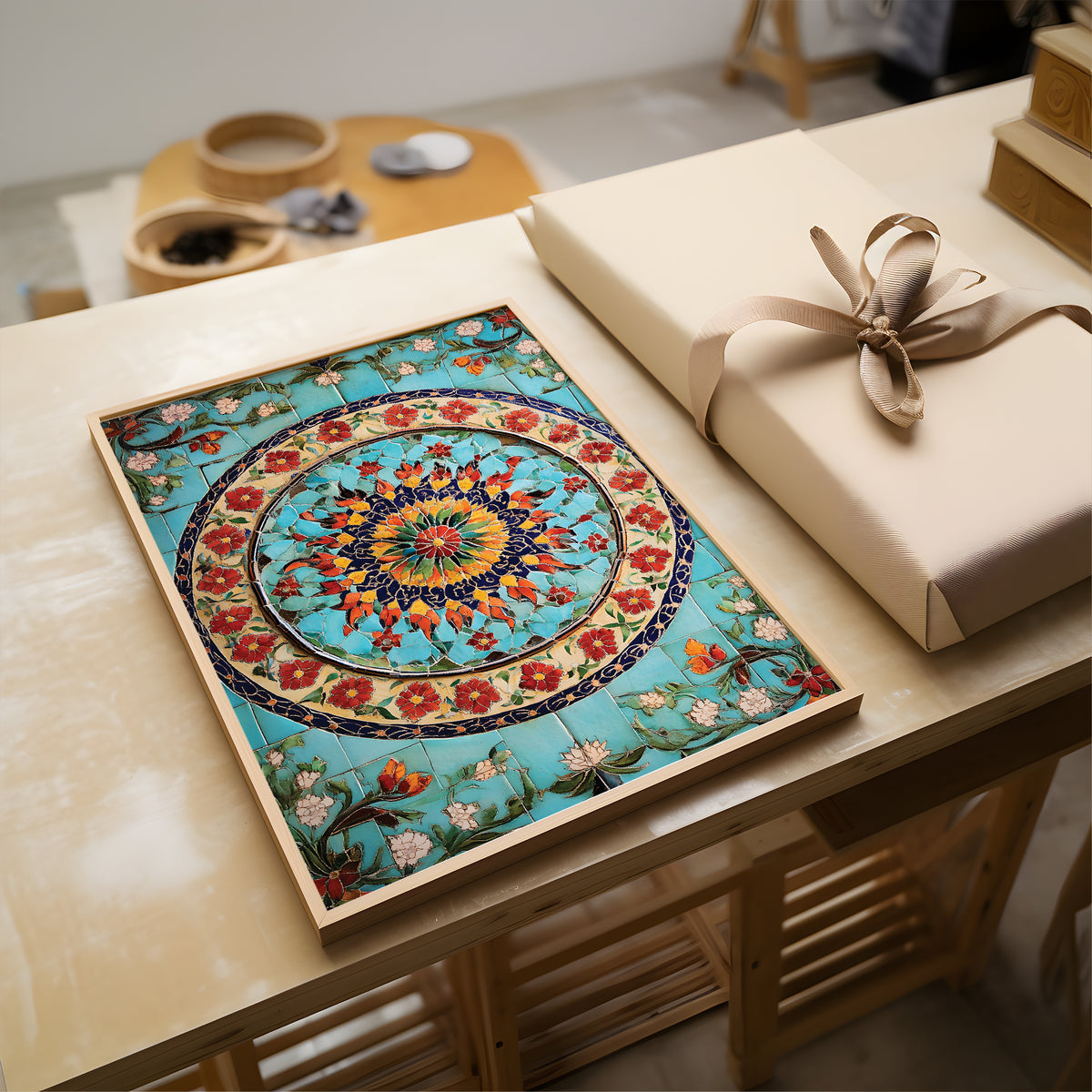 A framed square art print featuring a colorful circular floral mandala design in turquoise, red, yellow, and blue, displayed on a light wood table next to a wrapped gift box with a beige ribbon.