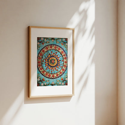 A framed art print featuring a colorful circular mandala design on a turquoise background, hanging on a beige wall with soft sunlight and leaf shadows.