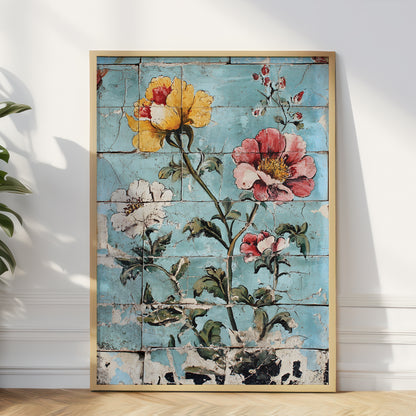 A framed vertical art print featuring a vintage-style floral design with yellow, pink, and white flowers on a distressed light blue background, leaning against a white wall on a light wood floor.