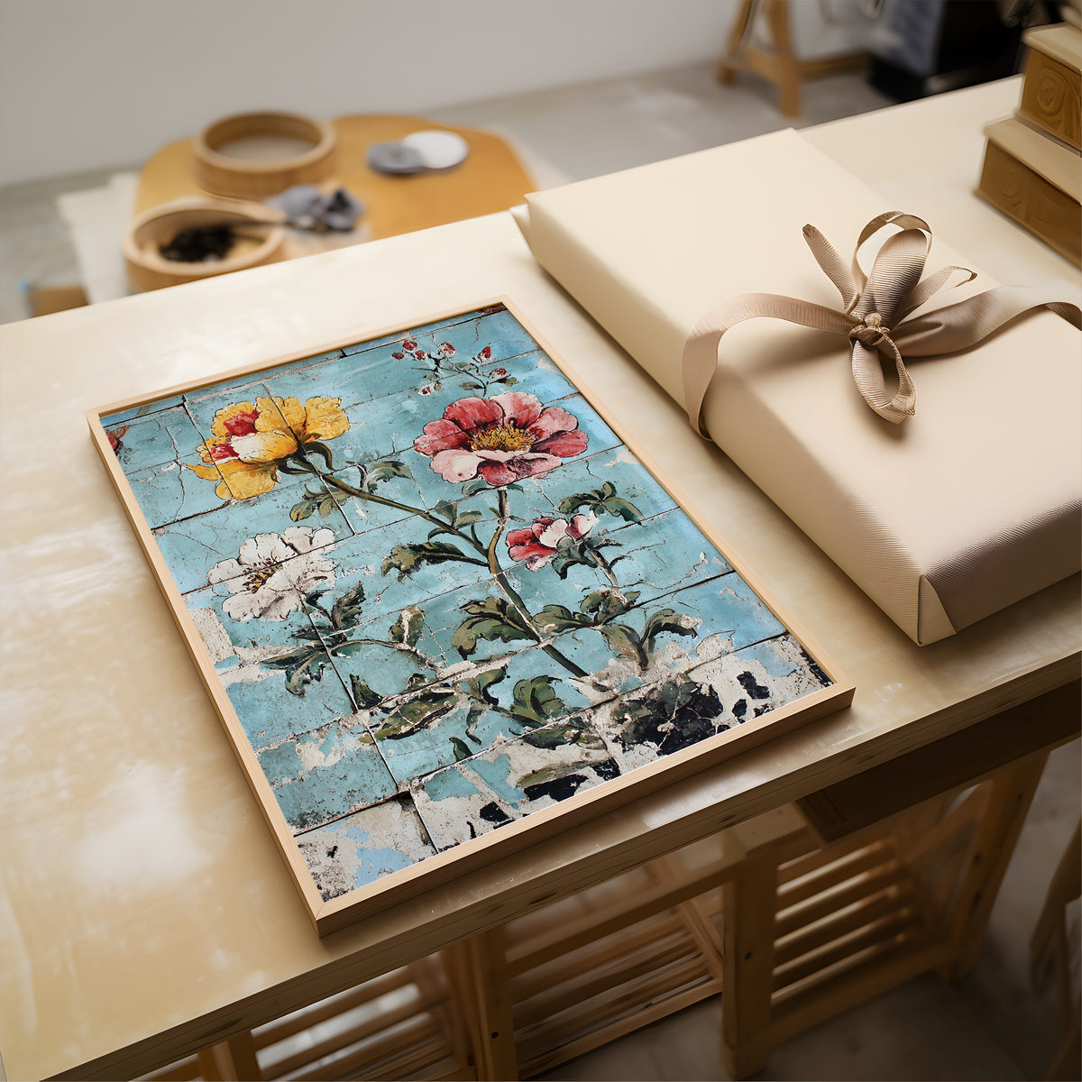 A framed floral art print with a distressed blue wood background and colorful flowers, displayed on a wooden table next to a beige wrapped gift box with a ribbon.