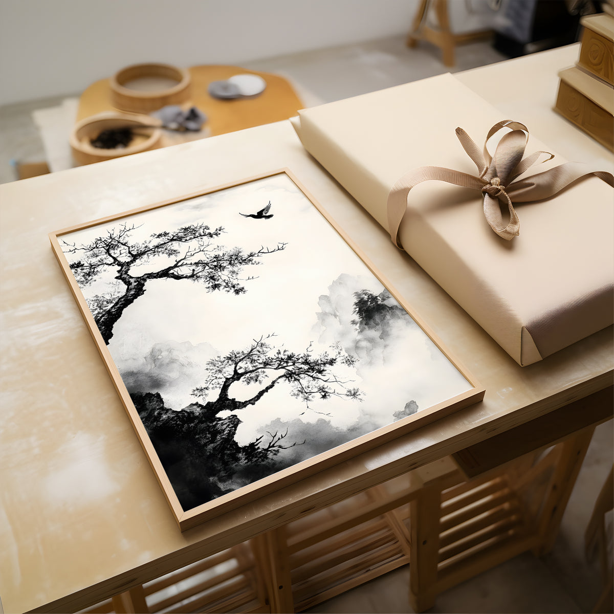 A framed black-and-white landscape art print with ink-wash trees and mist sits on a light wood table beside a wrapped gift box with a beige ribbon.