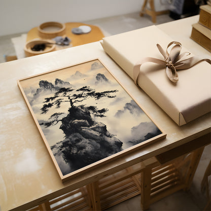 A framed art print featuring a traditional Chinese ink painting of a pine tree on a rocky cliff surrounded by misty mountains, styled on a light wood table next to a beige gift box with a ribbon.