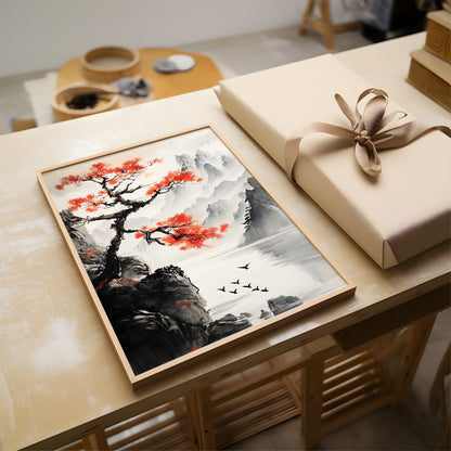 A framed landscape art print featuring a black and white ink-style mountain scene with a red tree and birds, displayed on a wooden table next to a beige gift box with a ribbon.