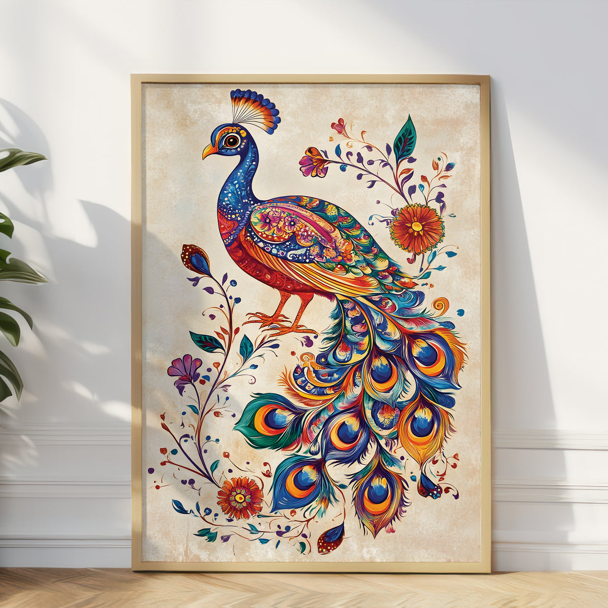 A framed art print featuring a vibrant, colorful peacock with ornate floral details on a textured cream background, leaning against a white wall on a light wood floor.