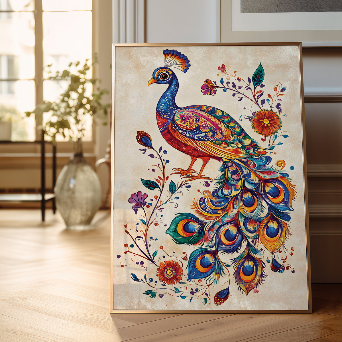 A framed art print featuring a vibrant, colorful peacock surrounded by floral elements, leaning against a wall on a light wooden floor in a bright room.