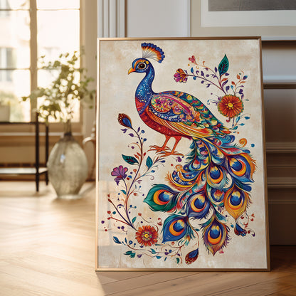 A framed art print featuring a vibrant, colorful peacock surrounded by floral elements, leaning against a wall on a light wooden floor in a bright room.