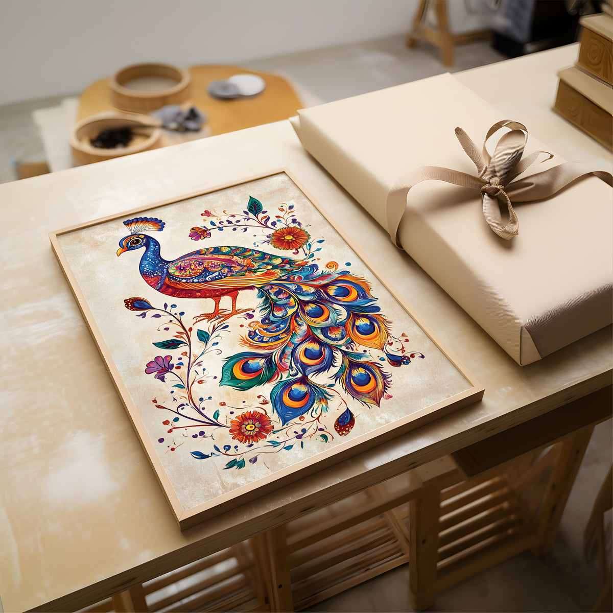 A framed decorative artwork featuring a colorful peacock with floral details, displayed on a wooden table next to a wrapped gift box with a beige ribbon.