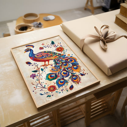 A framed decorative artwork featuring a colorful peacock with floral details, displayed on a wooden table next to a wrapped gift box with a beige ribbon.
