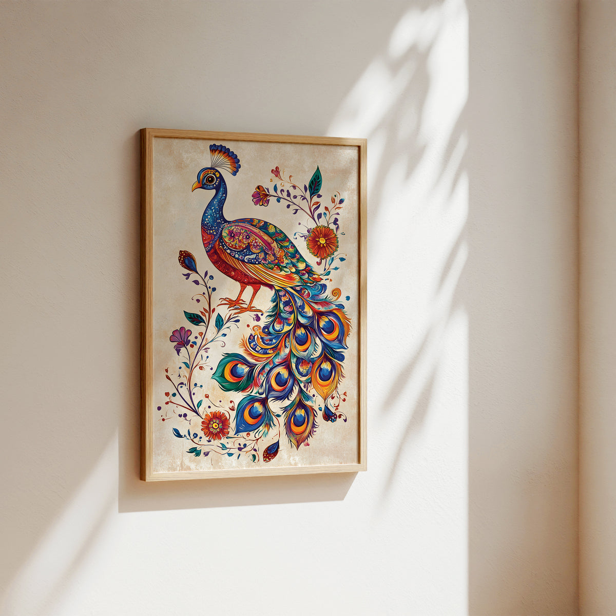 A framed art print featuring a vibrant, colorful peacock with intricate floral details, hanging on a warm beige wall with soft sunlight and leaf shadows.