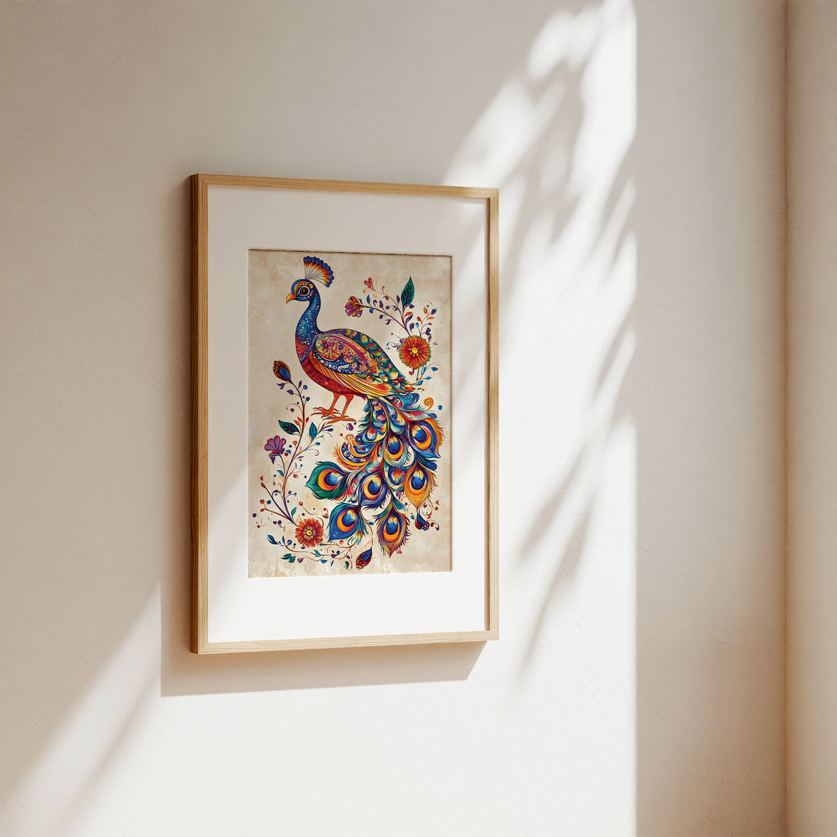 A framed art print featuring a colorful peacock surrounded by flowers, mounted on a warm beige wall with soft sunlight and leaf shadows casting across it.