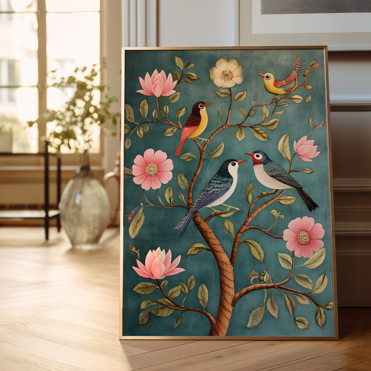A framed art print depicting a teal background with pink flowers and three colorful birds perched on a tree, displayed in a bright, modern room with a wooden floor and window.