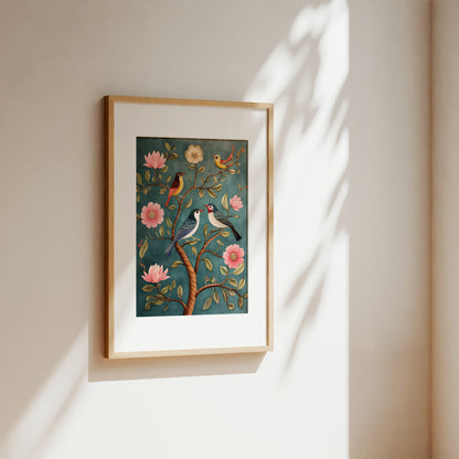 A framed art print featuring two birds perched on a tree with pink flowers, displayed on a warm beige wall with soft sunlight and leaf shadows.