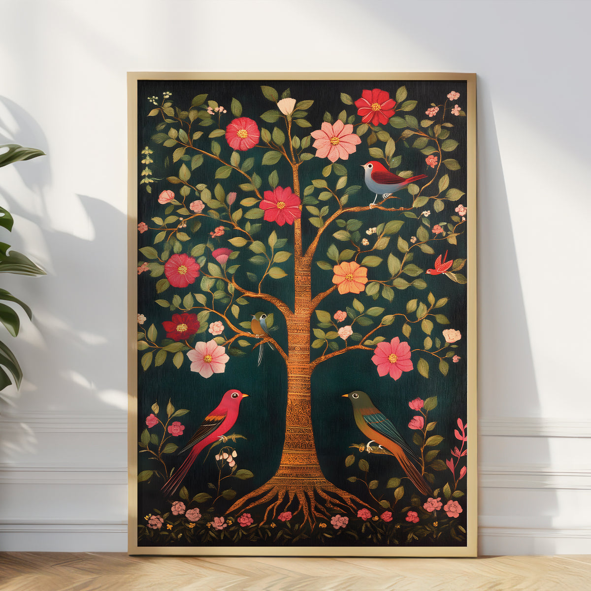 A framed art print featuring a stylized tree of life with colorful birds and flowers on a dark background, leaning against a white wall in a room setting.