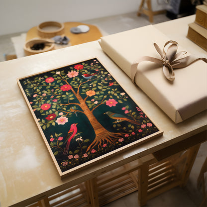 A framed art print featuring a colorful tree of life with birds and flowers, styled on a light wood table next to a wrapped gift box.