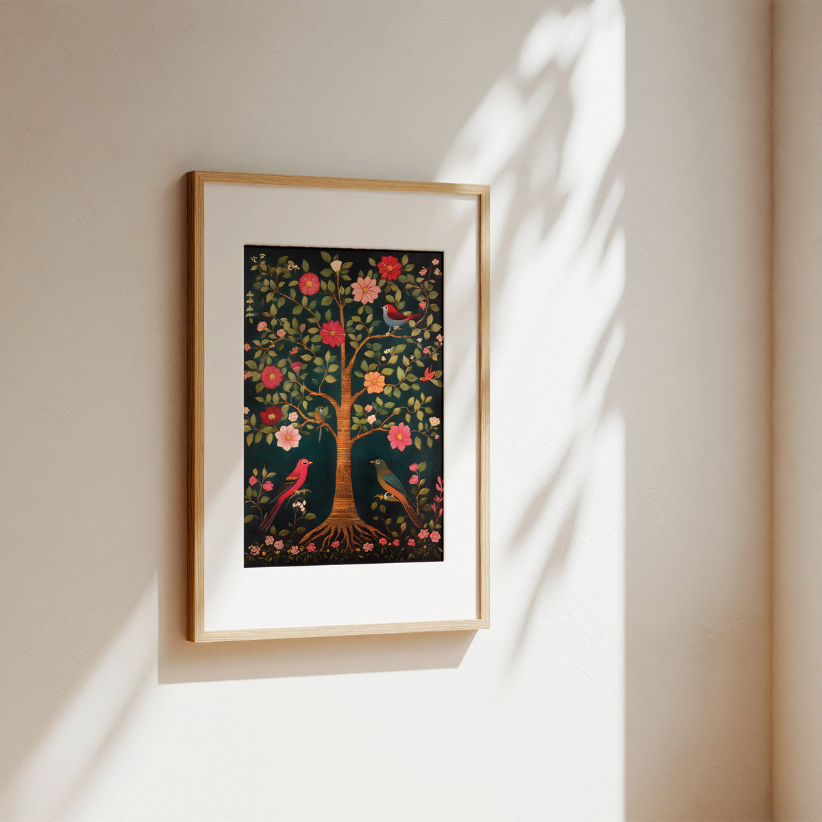 A framed art print featuring a detailed tree of life illustration with colorful birds and flowers, displayed on a warm beige wall with soft sunlight and leaf shadows.