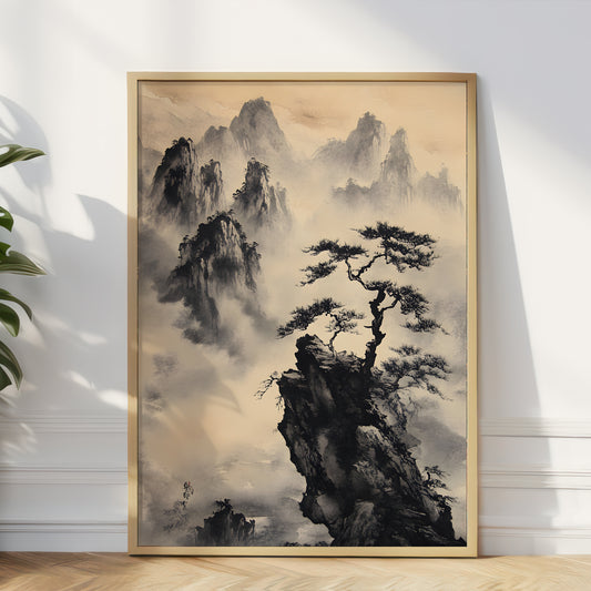 A framed vertical landscape art print featuring a traditional Chinese ink-style mountain scene with mist, rocky peaks, and a lone pine tree, leaning against a white wall on a light wood floor.