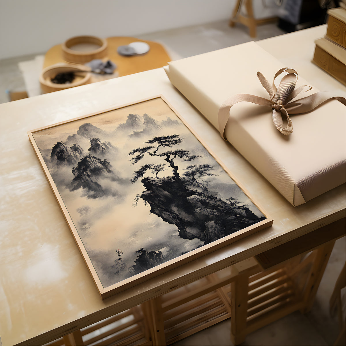 A framed landscape art print featuring a traditional Chinese ink-style mountain scene with mist and a lone pine tree, displayed on a wooden table next to a wrapped gift box.