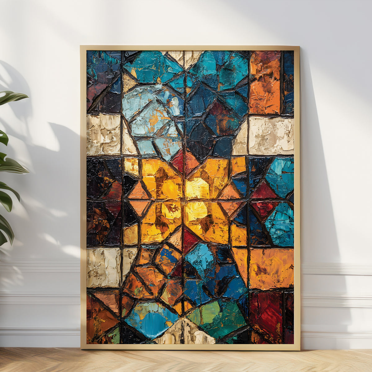 A framed abstract geometric wall art print leaning against a white wall on a light wood floor, with a plant leaf visible at the left edge. The artwork features a mosaic of textured blue, teal, orange, yellow, red, black, and beige shapes outlined in dark grout-like lines.