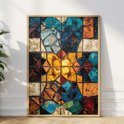A framed abstract geometric wall art print leaning against a white wall on a light wood floor, with a plant leaf visible at the left edge. The artwork features a mosaic of textured blue, teal, orange, yellow, red, black, and beige shapes outlined in dark grout-like lines.