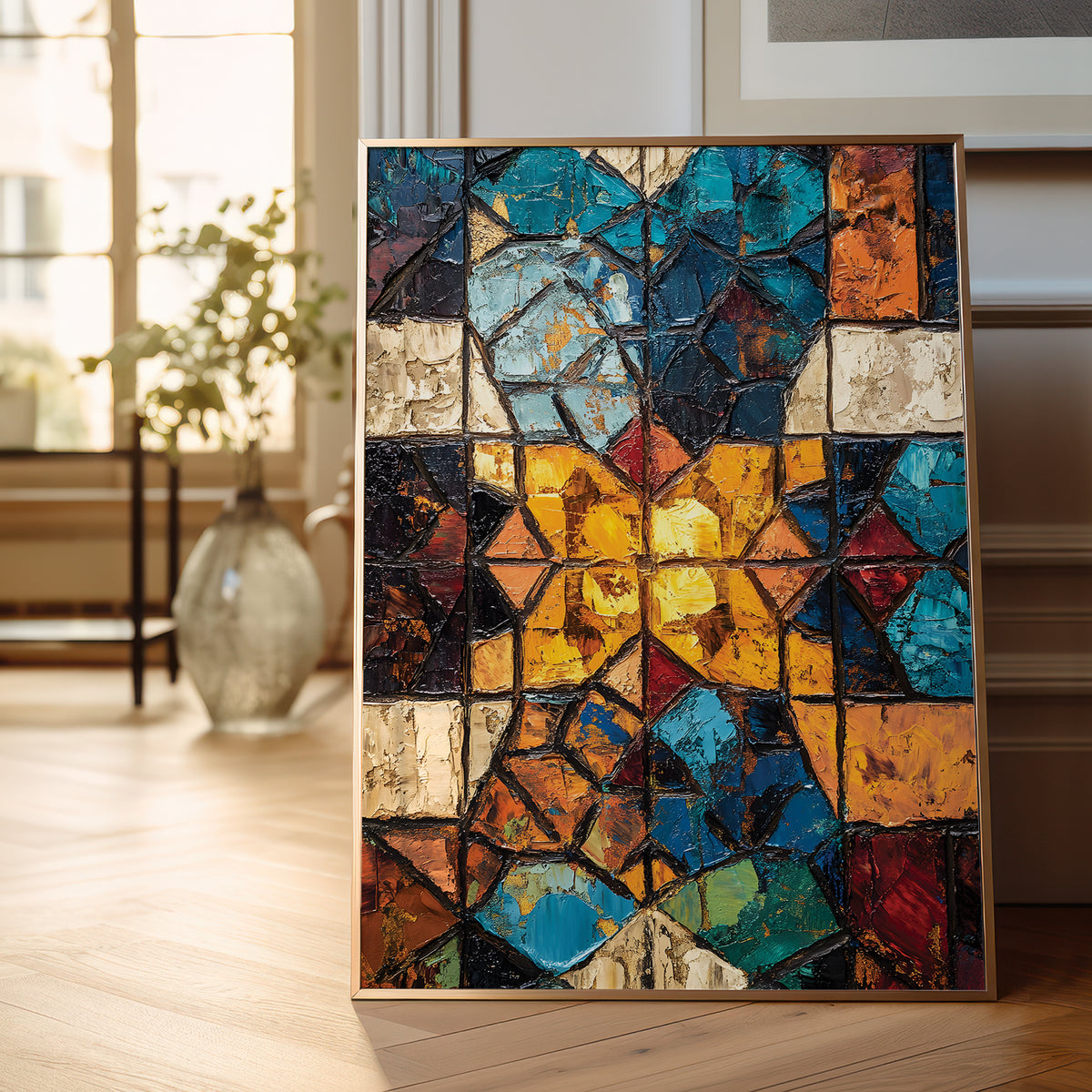 A framed abstract mosaic painting leaning against a wall on a light wood floor in a bright, modern room. The artwork features a geometric star pattern with textured paint in shades of blue, yellow, orange, red, and beige.