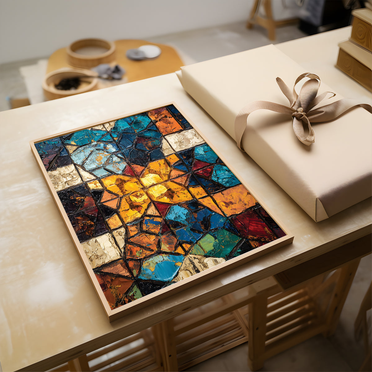 A framed colorful mosaic-style artwork with geometric stained-glass-like panels in blue, orange, yellow, red, black, and beige tones, displayed on a light wood table next to a wrapped gift box with a beige ribbon.