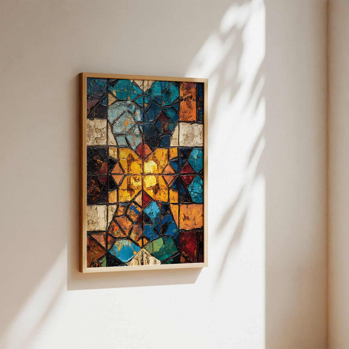 A framed geometric mosaic wall art piece with a light wood frame, hanging on a beige wall. The artwork features a complex stained-glass-like pattern in blue, teal, orange, yellow, brown, and red, with a central golden-yellow starburst.