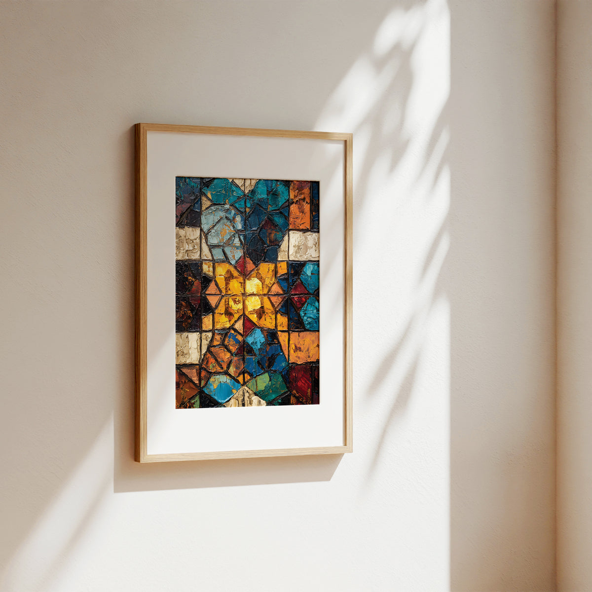 A framed abstract art print with a colorful stained-glass-like geometric pattern hangs on a warm beige wall, with soft sunlight and leaf shadows cast across the wall.