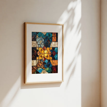 A framed abstract art print with a colorful stained-glass-like geometric pattern hangs on a warm beige wall, with soft sunlight and leaf shadows cast across the wall.