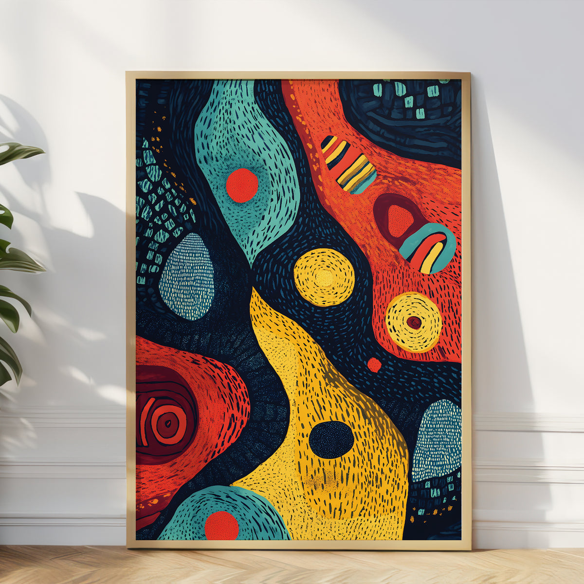 A framed abstract art print with vibrant, organic shapes in red, yellow, teal, and black, leaning against a white wall on a light wood floor next to a green plant.