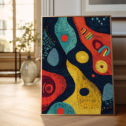 A framed abstract art print with colorful organic shapes in red, yellow, teal, and navy, leaning against a wall on a light wood floor in a bright room.