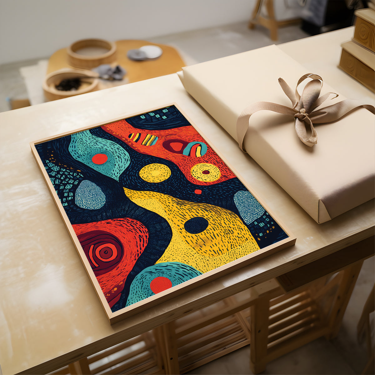 A framed abstract art print with vibrant, organic shapes in red, yellow, teal, and black sits on a light wood table next to a beige gift box with a ribbon.