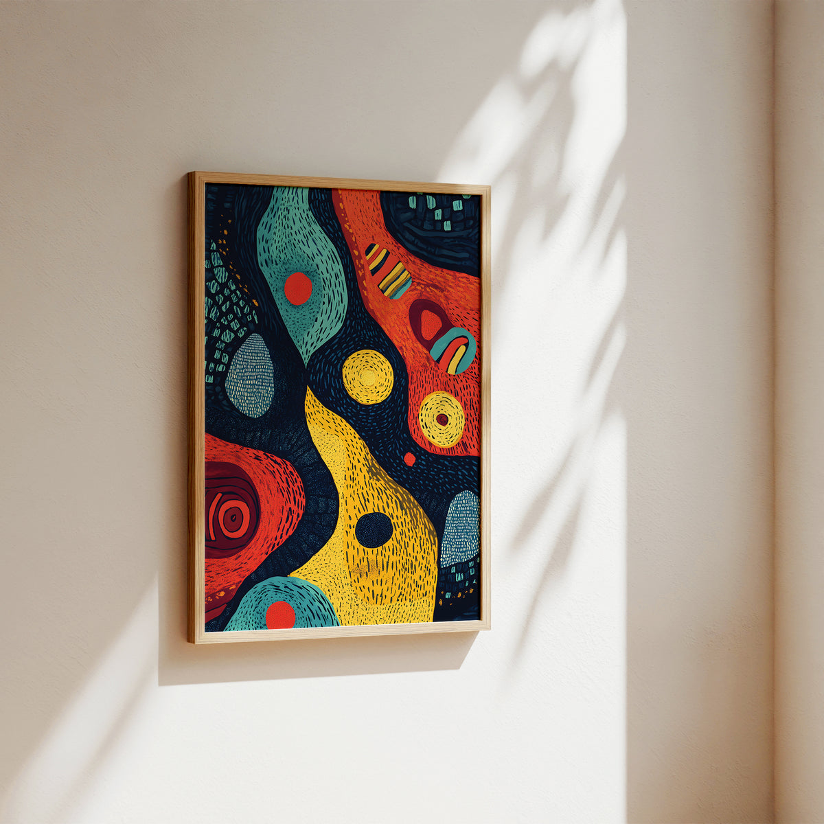 A framed abstract art print with colorful organic shapes in red, yellow, teal, and blue on a dark background, hanging on a beige wall with soft sunlight and leaf shadows.