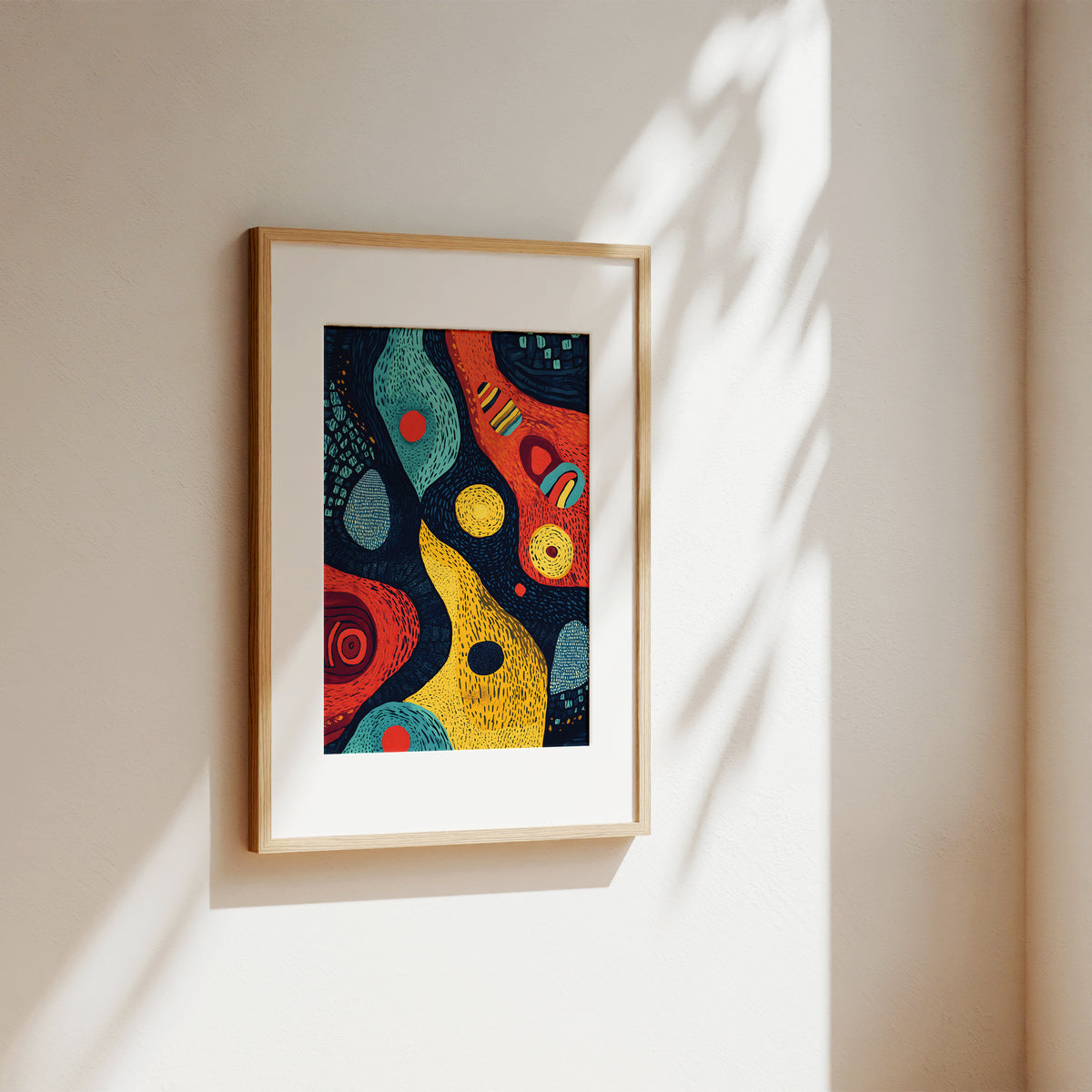 A framed abstract art print with colorful organic shapes hangs on a warm beige wall, lit by soft natural shadows.