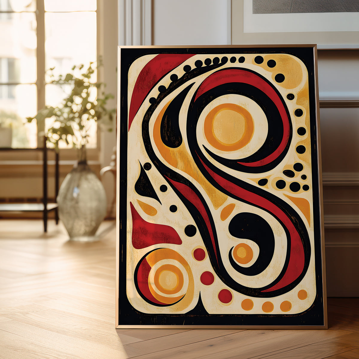 A framed abstract painting with bold black, red, yellow, and cream swirls and circular motifs, leaning against a wall on a light wood floor in a bright room.