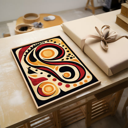 A framed abstract art print with bold retro swirls in red, yellow, black, and cream sits on a light wood table next to a wrapped gift box with a beige ribbon.