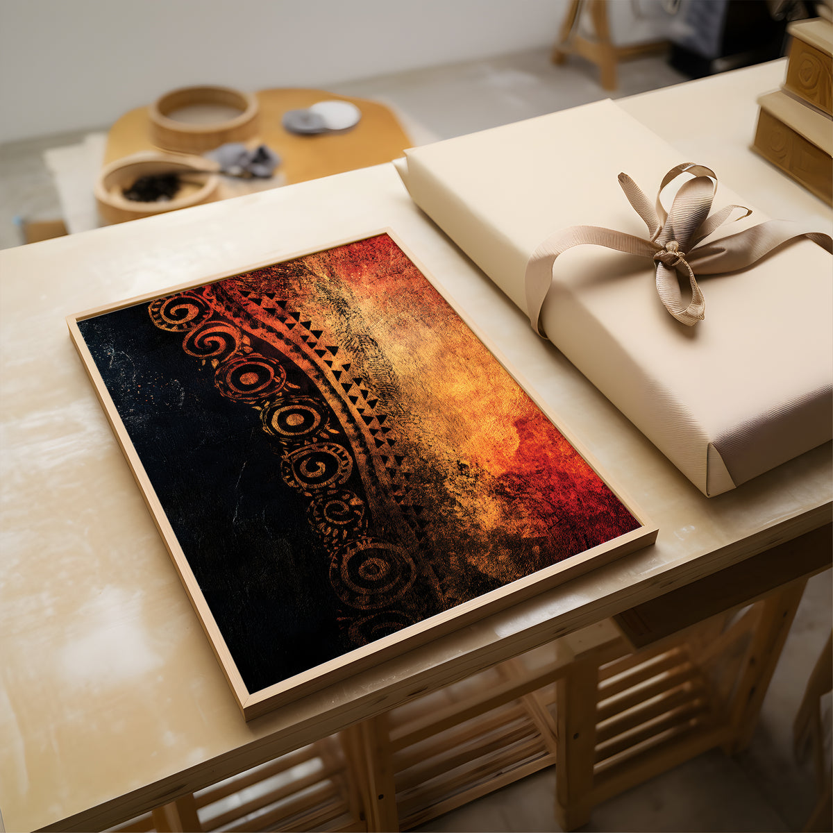 A framed abstract art print with a black, orange, and red gradient design and circular patterns, displayed on a light wood table next to a wrapped gift box with a beige ribbon.