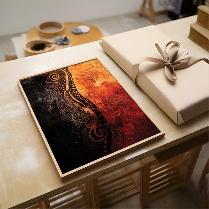 A framed abstract art print with a black and orange-red design sits on a light wooden table next to a wrapped gift box with a beige ribbon.