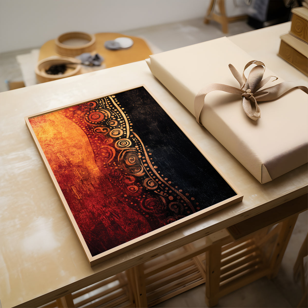 A framed abstract art print with a warm red and orange textured left side and a dark black right side with gold circular patterns, displayed on a light wood table next to a beige gift box with a ribbon.