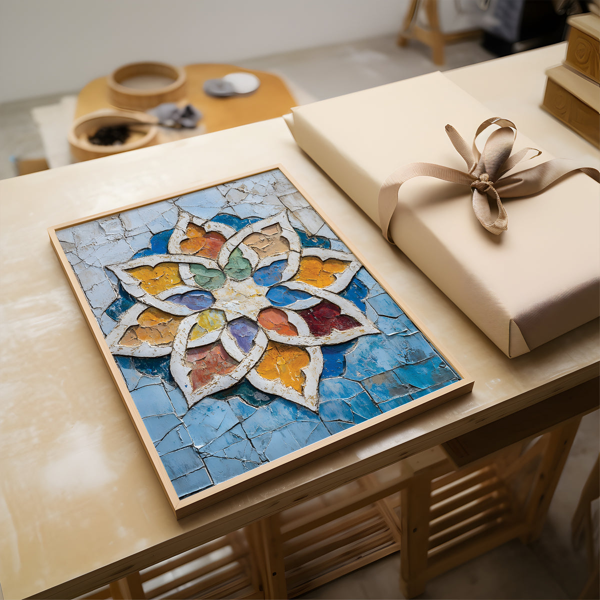 A framed mosaic art print featuring a colorful lotus flower on a blue cracked tile background, styled on a wooden table next to a wrapped gift box.